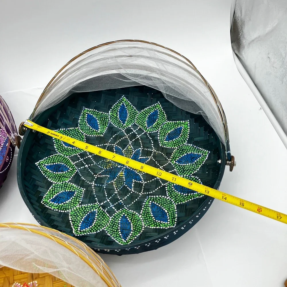 Set of 3 Bamboo Food Serving Tent Basket Hand Painted Boho Picnic Cover Mesh Net